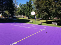 Resurfaced Williams College volleyball and basketball court, with purple one-color tile and separate line colors for each sport usage. In Williamstown, MA.