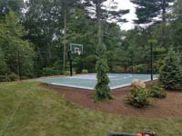 Backyard basketball court multicourt with added tennis and volleyball net is the sort of thing you might find in Andover, MA or a yard like yours.