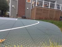 Custom rounded backyard basketball court in Needham, MA.