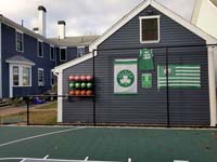 Backyard basketball court is the sort of thing you might find in Wakefield, MA or a yard like yours. Includes customer embellishments to their court area, with basketball rack, Celtics banners, and Larry Bird shirt.