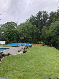 Blue and gray residential basketball court in Easton, MA, shown in distance view with bulk of picture in foreground showing off yard freshly landscaped by Evergreen.
