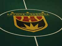 Closeup of ABBA, Antigua and Barbuda Basketball Association, logo in center of basketball court in Antigua.